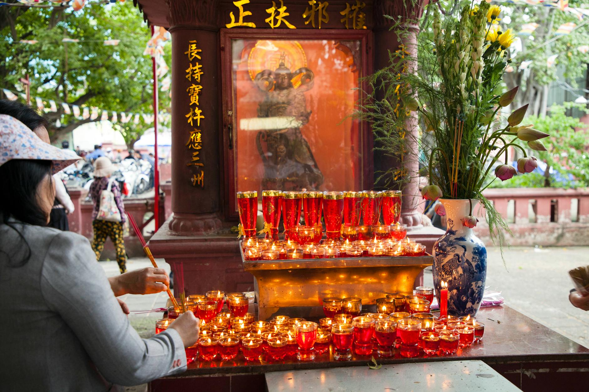 Buddhist prayer candles and incense at a Beijing temple