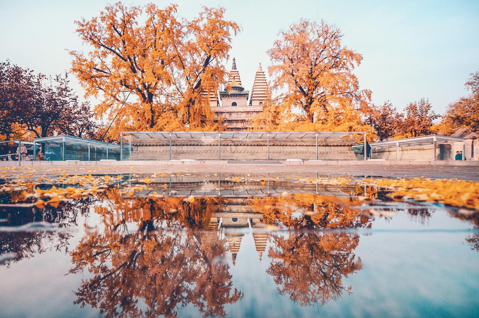 Beijing autumn leaves reflected in temple pond