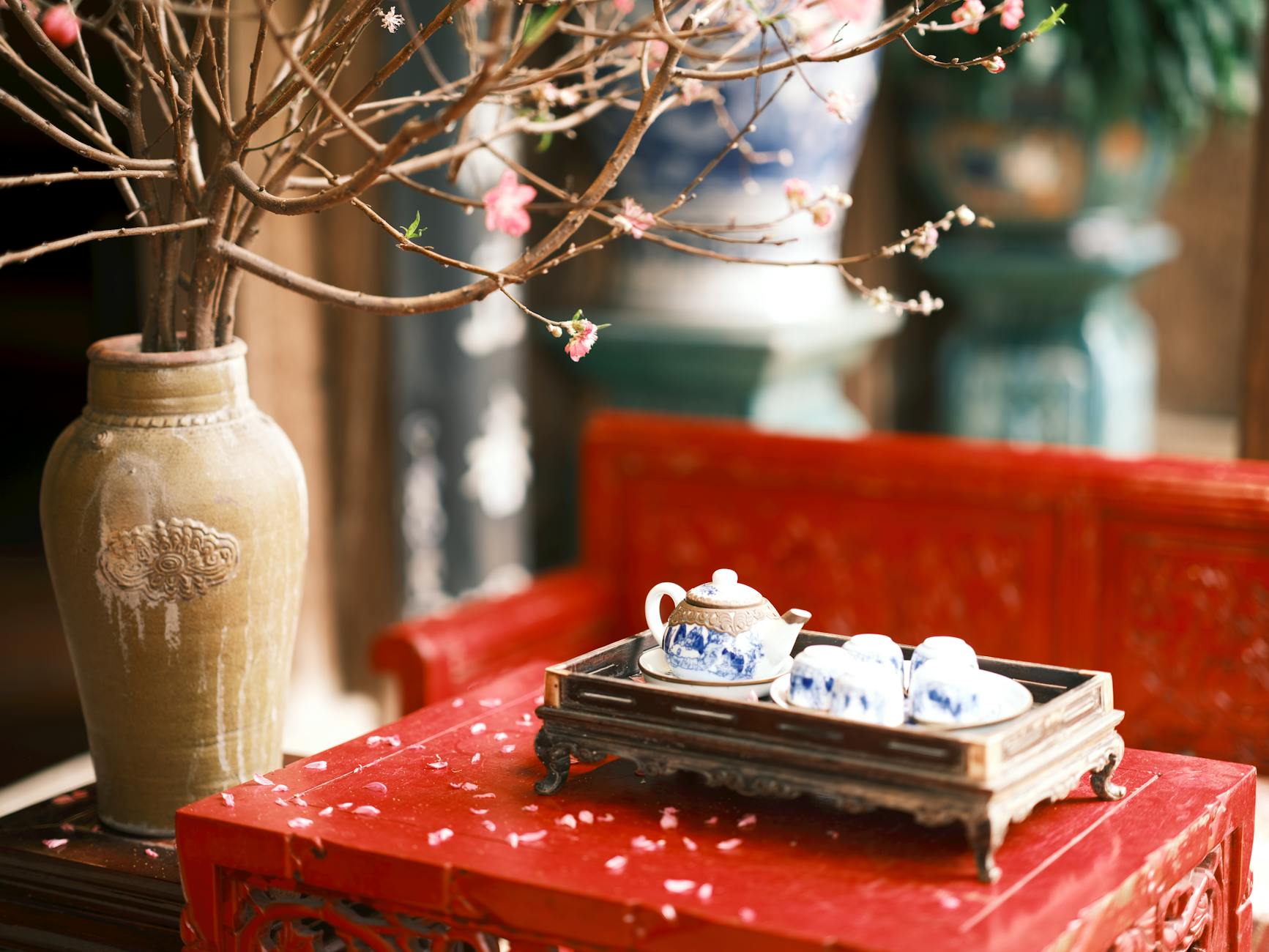A traditional Chinese tea set on a wooden table