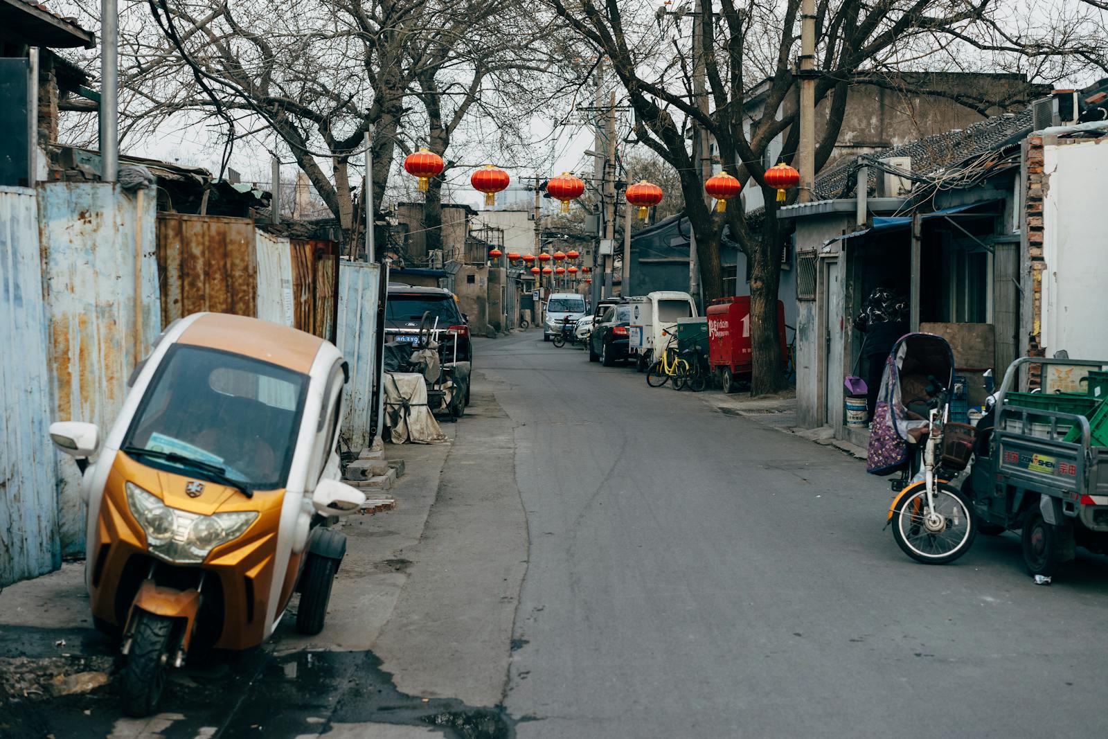 Beijing hutong alley evening with red lanterns