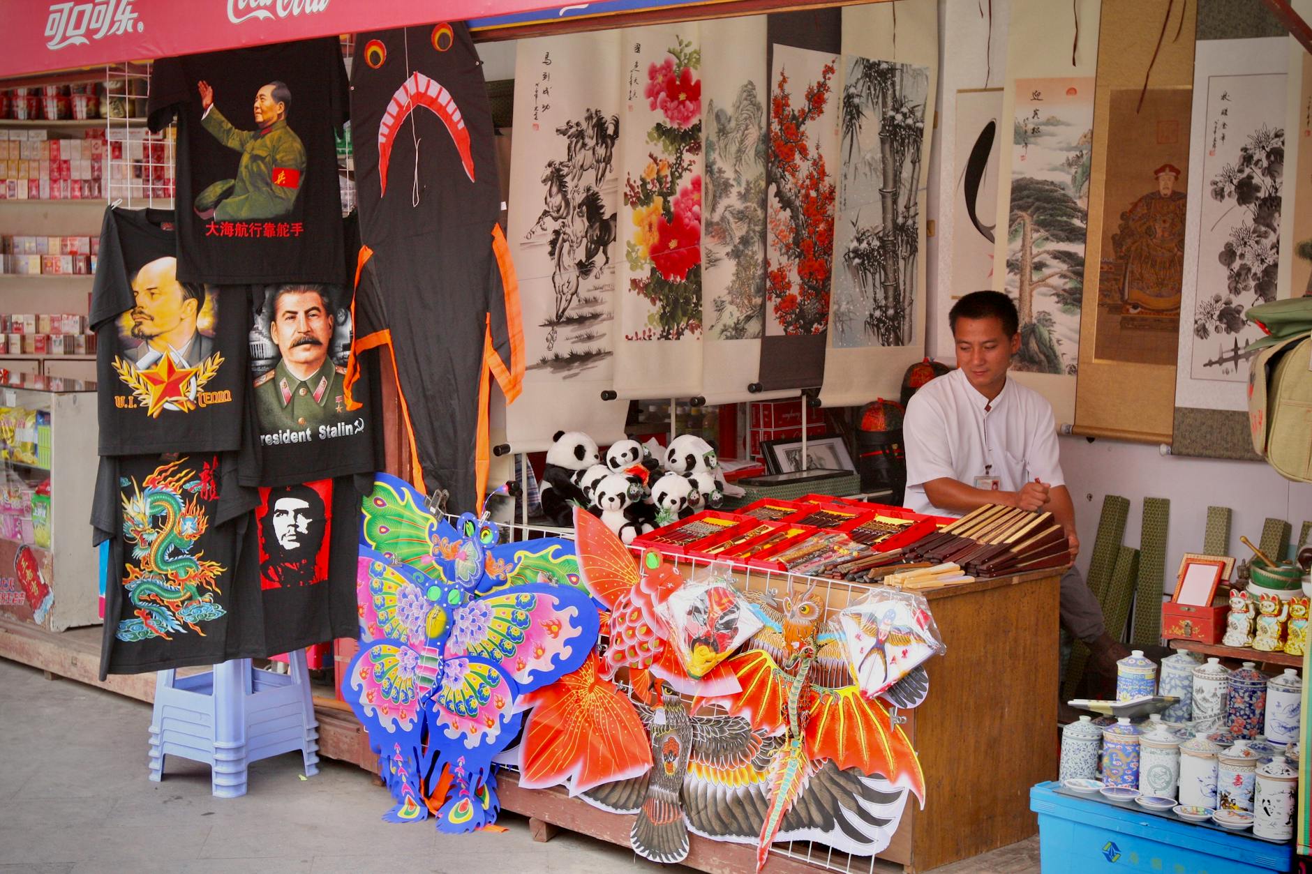Colourful Beijing market stall with traditional souvenirs