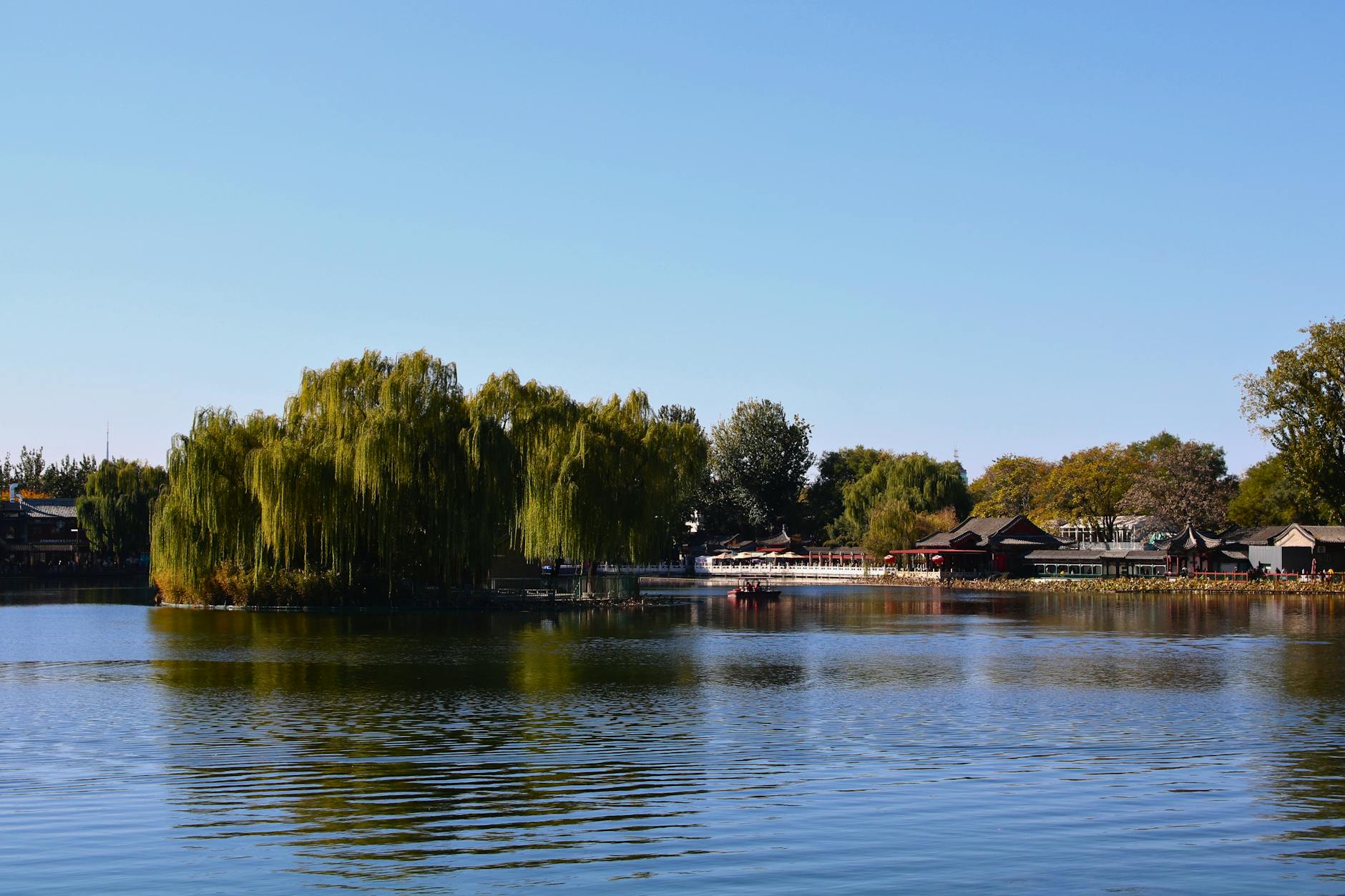 Tranquil Beijing lake fringed with willow trees
