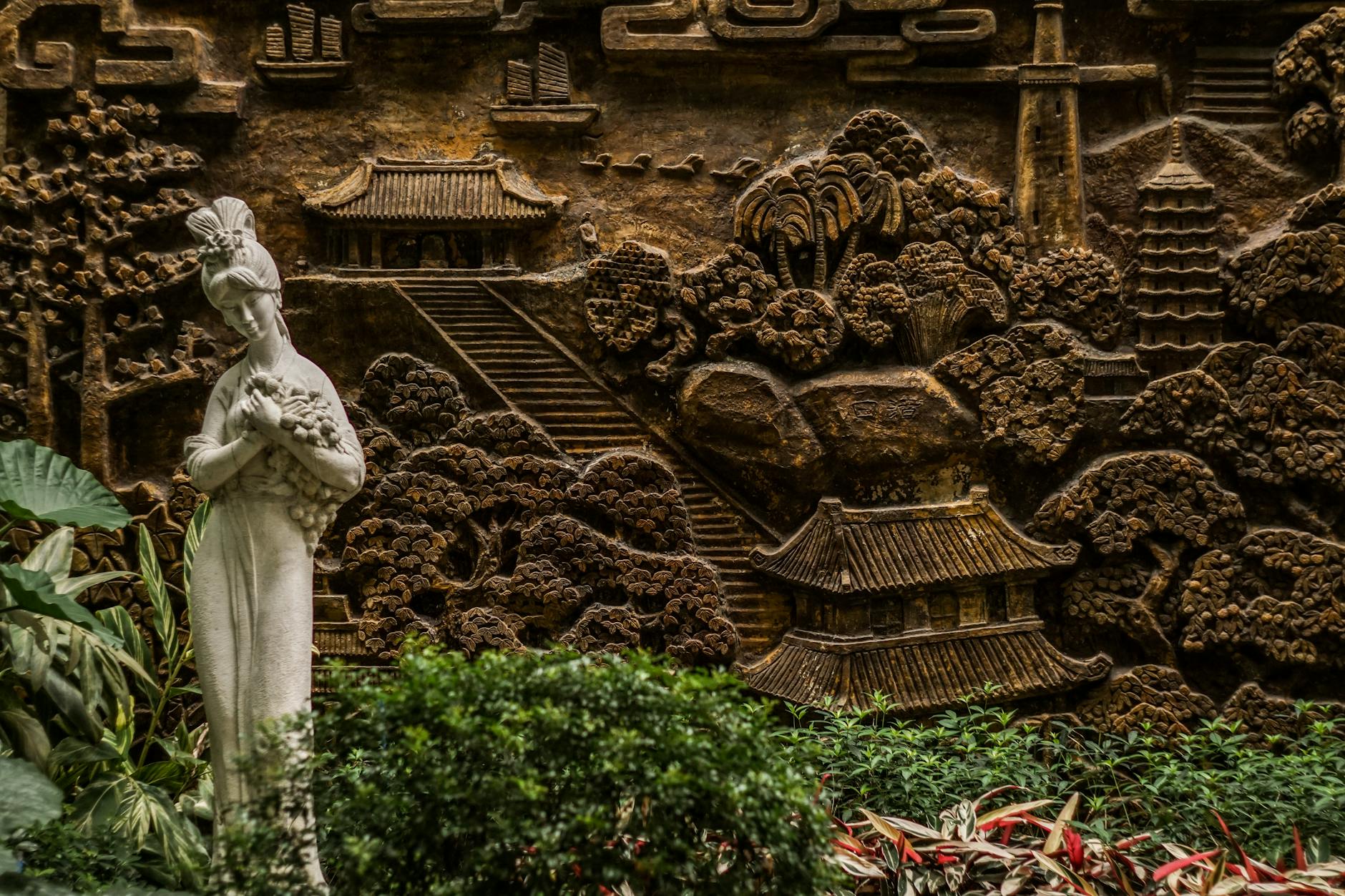 Detailed stone statue in a traditional Chinese imperial setting