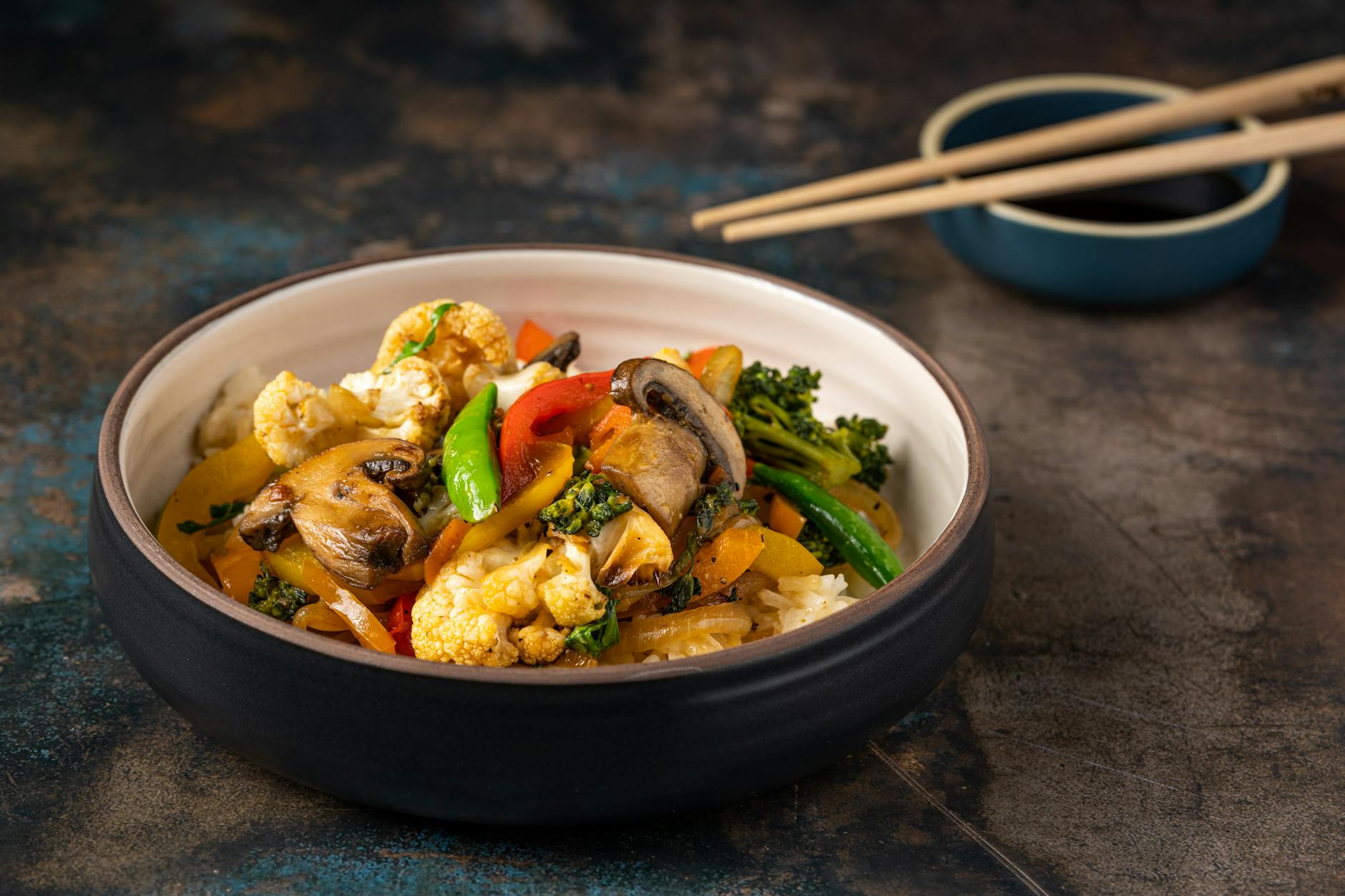 Mixed vegetable dish served with rice in a Chinese restaurant