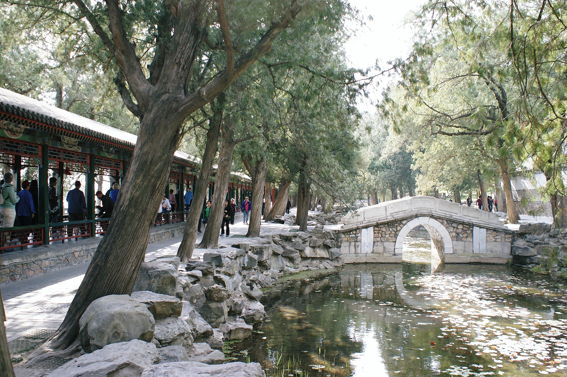 The painted Long Corridor at the Summer Palace beside a stone arch bridge and old cypress trees