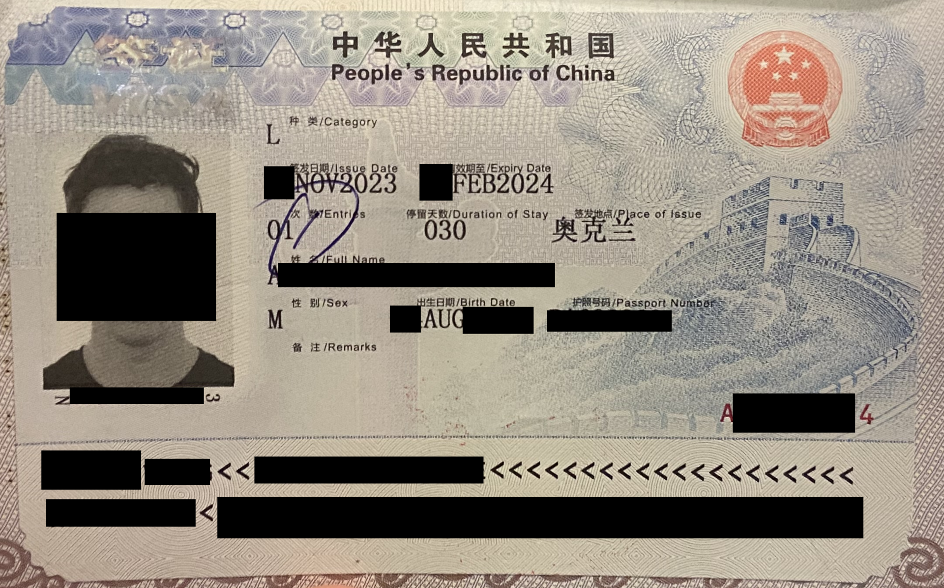 A Chinese tourist visa displays the national emblem, Great Wall design and category L, with personal details covered by black rectangles.