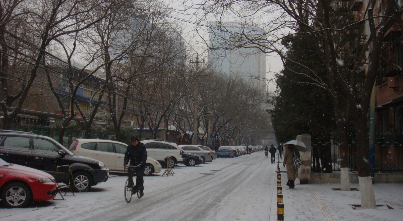 A cyclist and umbrella-carrying pedestrian travel along a snowy Beijing street lined with parked cars and bare winter trees.