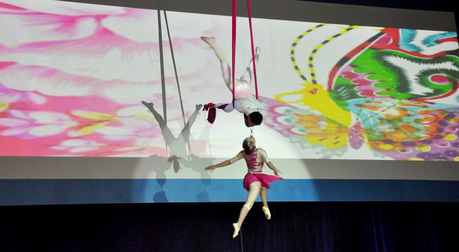 Two aerial acrobats perform above a Beijing stage, with one inverted in silks and the other suspended below.
